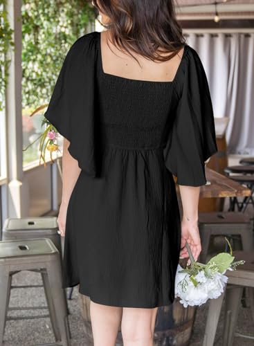 Dokotoo Summer Black Dresses 2024 Drawstring V-Neck Ruffle Sleeveless Womens Dresses Party Cocktail Tank Dress Cap Sleeve Mini Dress