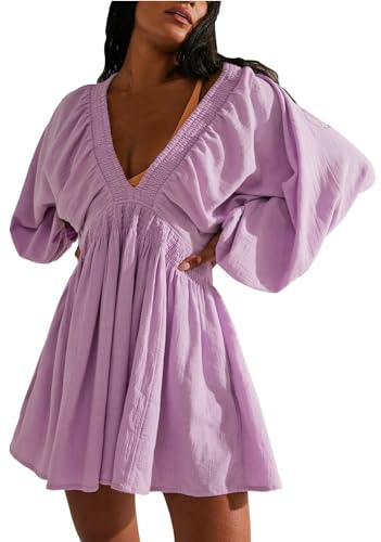 Ladyful Women's Cotton Linen Mini Dress V Neck A-Line Beach Sundress Purple