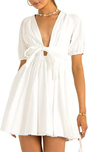 MASKAZU Women's Summer Casual Tie Short Puff Sleeve Brunch Vacation Mini Dress M White