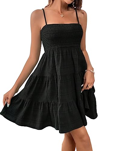 SOLY HUX Women's Summer Smock Cami Mini Dress Sleeveless Swing A Line Short Dresses Graduation Dresses Plain Black S