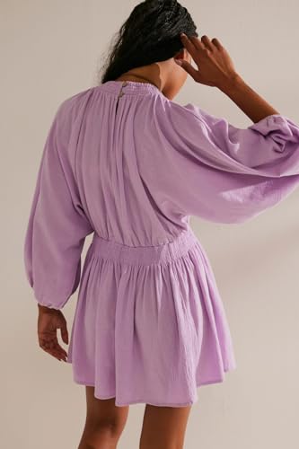 Ladyful Women's Cotton Linen Mini Dress V Neck A-Line Beach Sundress Purple