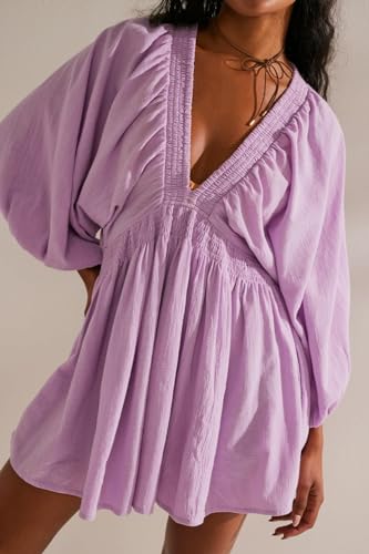 Ladyful Women's Cotton Linen Mini Dress V Neck A-Line Beach Sundress Purple