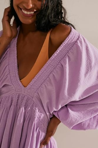 Ladyful Women's Cotton Linen Mini Dress V Neck A-Line Beach Sundress Purple