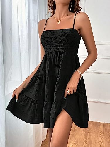 SOLY HUX Women's Summer Smock Cami Mini Dress Sleeveless Swing A Line Short Dresses Graduation Dresses Plain Black S