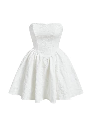 Floerns Women's Elegant Strapless Jacquard Flare Hem Mini Tube Dress A White S