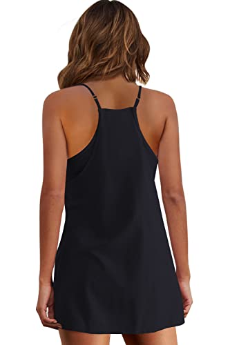 Panadila Womens Summer Sleeveless Mini Dress V Neck Spaghetti Strap Sundress Athletic Short Dress with Pockets (Black,S)