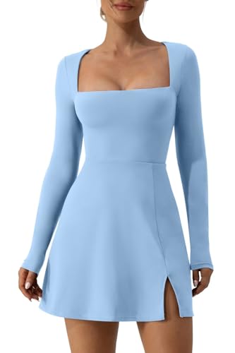 QINSEN Plus Size Women's Long Sleeve Short Length Square Neck Flare Mini Dress Blue XL