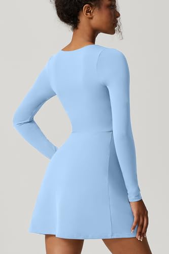 QINSEN Plus Size Women's Long Sleeve Short Length Square Neck Flare Mini Dress Blue XL