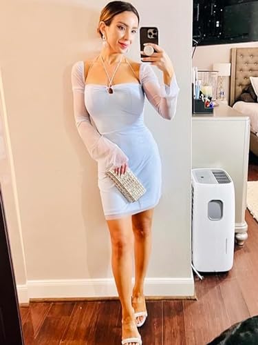 hibshaby Going Out Dresses for Women Club Sexy, Low Cut Mesh Long Sleeve Bodycon Mini Dress Halter Neck Party Outfits White M