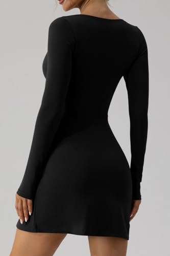 QINSEN Long Sleeve Dress for Women Sexy Sweetheart High Waist Flare Mini Dress Clubwear Black M