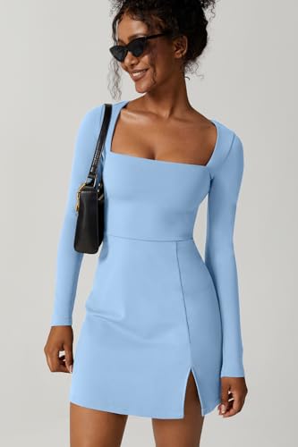 QINSEN Plus Size Women's Long Sleeve Short Length Square Neck Flare Mini Dress Blue XL