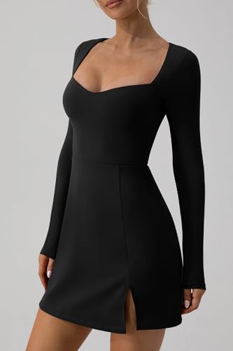 QINSEN Long Sleeve Dress for Women Sexy Sweetheart High Waist Flare Mini Dress Clubwear Black M