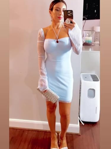 hibshaby Going Out Dresses for Women Club Sexy, Low Cut Mesh Long Sleeve Bodycon Mini Dress Halter Neck Party Outfits White M