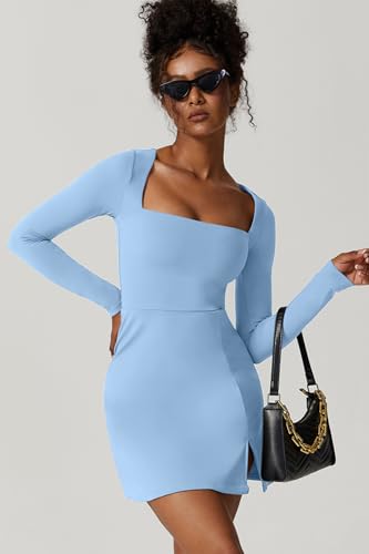 QINSEN Plus Size Women's Long Sleeve Short Length Square Neck Flare Mini Dress Blue XL