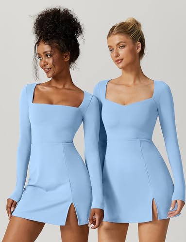 QINSEN Plus Size Women's Long Sleeve Short Length Square Neck Flare Mini Dress Blue XL