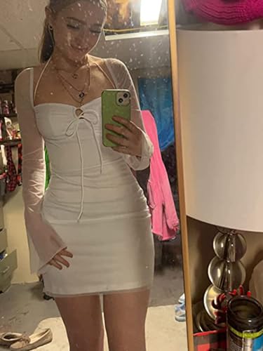 hibshaby Going Out Dresses for Women Club Sexy, Low Cut Mesh Long Sleeve Bodycon Mini Dress Halter Neck Party Outfits White M