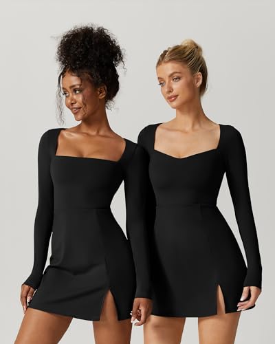 QINSEN Long Sleeve Dress for Women Sexy Sweetheart High Waist Flare Mini Dress Clubwear Black M