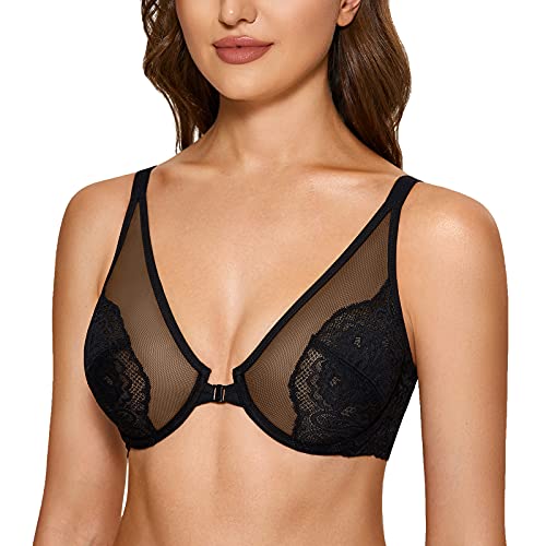 DOBREVA Women's Lace Bra Front Closure Bras Plunge Sexy See Through Minimizer Plus Size Underwire Black 38C