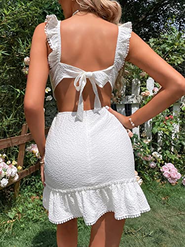 WDIRARA Women's Boho Backless Knot Ruffle Hem High Waist Trim Textured Mini Dress White XS