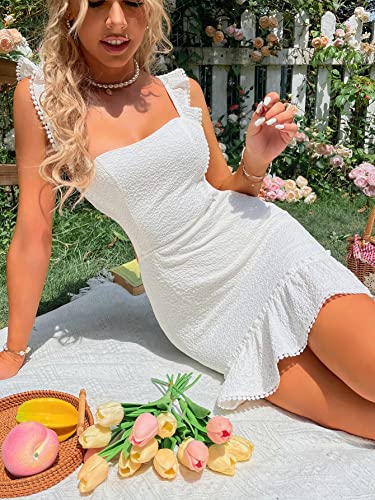 WDIRARA Women's Boho Backless Knot Ruffle Hem High Waist Trim Textured Mini Dress White XS