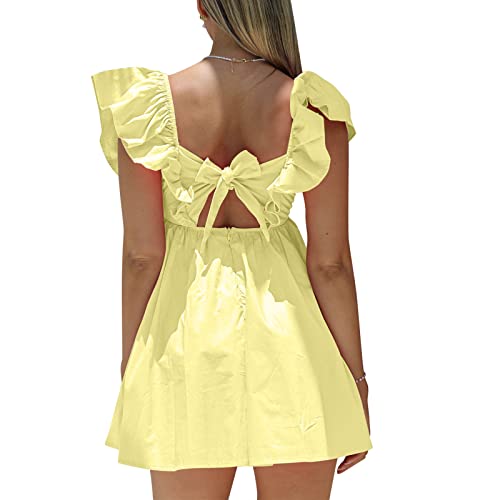 hibshaby Sexy Deep V Neck Ruffle Sleeve Mini Backless Lace Up Babydoll Summer Short Dress Yellow XS