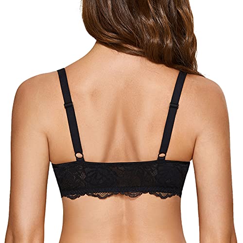 DOBREVA Women's Lace Bra Front Closure Bras Plunge Sexy See Through Minimizer Plus Size Underwire Black 38C