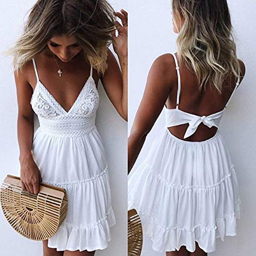 ECOWISH Womens V-Neck Spaghetti Strap Bowknot Backless Sleeveless Lace Mini Swing Skater Dress White Small