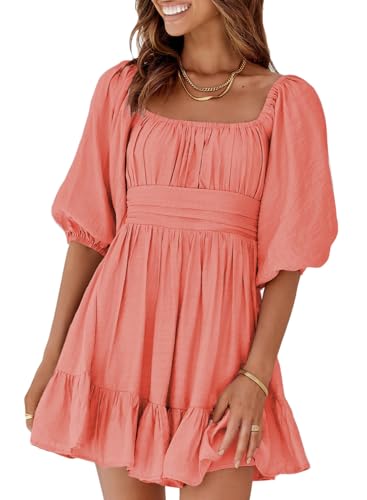 Dokotoo Womens Square Neck Summer Dresses Shirred Elastic Waist Tie Backless Sexy Dress Puff Sleeve Ruffle A-Line Casual Cherry Red Mini Dress for Wedding Guest Small