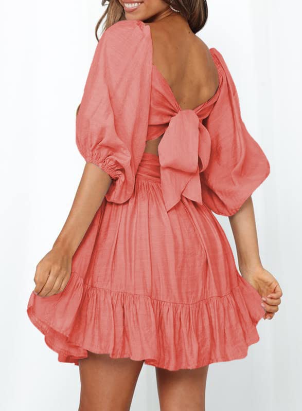 Dokotoo Womens Square Neck Summer Dresses Shirred Elastic Waist Tie Backless Sexy Dress Puff Sleeve Ruffle A-Line Casual Cherry Red Mini Dress for Wedding Guest Small