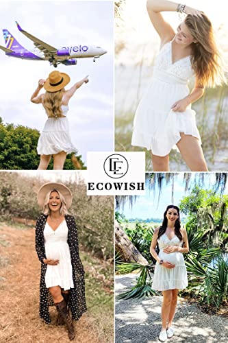 ECOWISH Womens V-Neck Spaghetti Strap Bowknot Backless Sleeveless Lace Mini Swing Skater Dress White Small