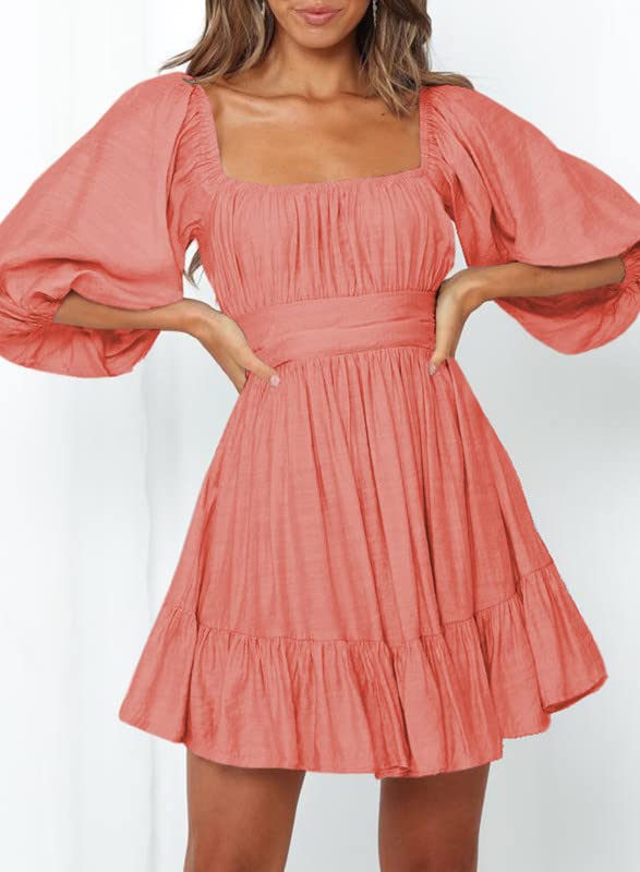 Dokotoo Womens Square Neck Summer Dresses Shirred Elastic Waist Tie Backless Sexy Dress Puff Sleeve Ruffle A-Line Casual Cherry Red Mini Dress for Wedding Guest Small