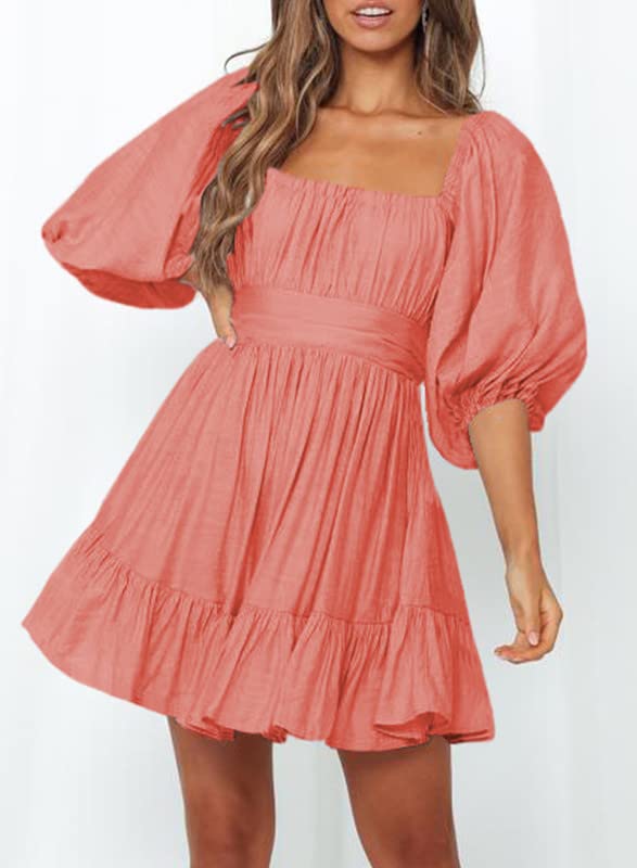 Dokotoo Womens Square Neck Summer Dresses Shirred Elastic Waist Tie Backless Sexy Dress Puff Sleeve Ruffle A-Line Casual Cherry Red Mini Dress for Wedding Guest Small