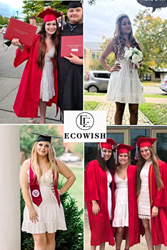 ECOWISH Womens V-Neck Spaghetti Strap Bowknot Backless Sleeveless Lace Mini Swing Skater Dress White Small