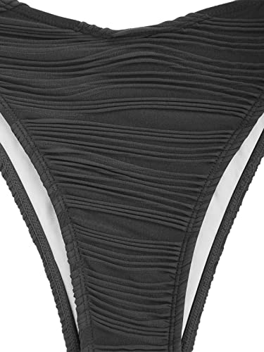 ZAFUL Women Strapless Textured Bandeau Bikini 2 Piece Swimwear Cheeky Solid Lace up Bathing Suits(1-Dark Gray,M)