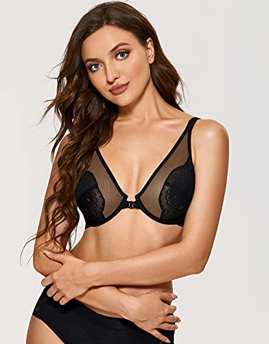DOBREVA Women's Lace Bra Front Closure Bras Plunge Sexy See Through Minimizer Plus Size Underwire Black 38C