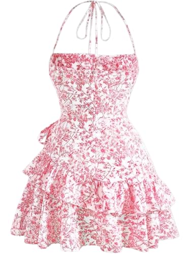 Narecte Summer Dresses for Women 2024,Tie Backless Mini Dress,Halter Dress,Floral Print Short Dresses,Ruffle Trim Casual Dresses Pink L