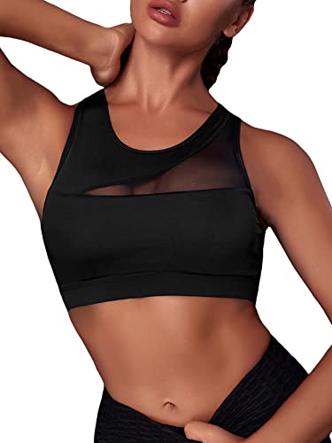 Verdusa Women's Cut Out Back Contrast Mesh Workout Sport Bra Black M