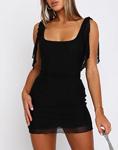 HYPERFIRE Women's Square Neck Sleeveless Mini Dress Bodycon Low Back Sundress Black Medium