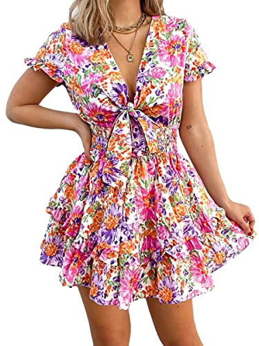 PRETTYGARDEN Women's 2024 Summer Swing Mini Dress Tie Front V Neck Short Sleeve Ruffle Layer A-Line Short Dress(Floral White,XX-Large