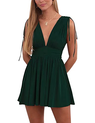 AIMCOO Summer Dress for Women 2023 Plunge V Neck Solid Short Dresses Sleeveless Ruched Waist Sexy V Back Mini Dress Jungle Green