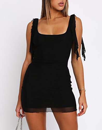 HYPERFIRE Women's Square Neck Sleeveless Mini Dress Bodycon Low Back Sundress Black Medium