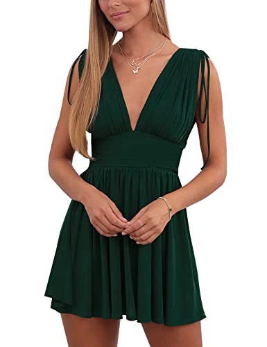 AIMCOO Summer Dress for Women 2023 Plunge V Neck Solid Short Dresses Sleeveless Ruched Waist Sexy V Back Mini Dress Jungle Green