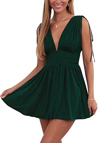 AIMCOO Summer Dress for Women 2023 Plunge V Neck Solid Short Dresses Sleeveless Ruched Waist Sexy V Back Mini Dress Jungle Green