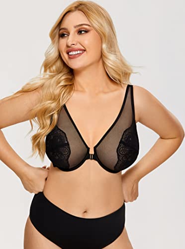 DOBREVA Women's Lace Bra Front Closure Bras Plunge Sexy See Through Minimizer Plus Size Underwire Black 38C
