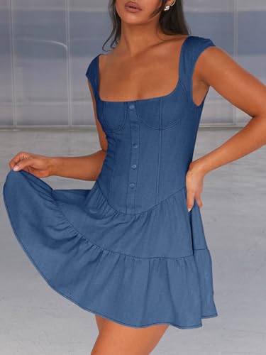 Wenrine Womens Summer Croset Mini Dress Sexy Tiered Square Neck Sleeveless Button Decor Flowy Dresses