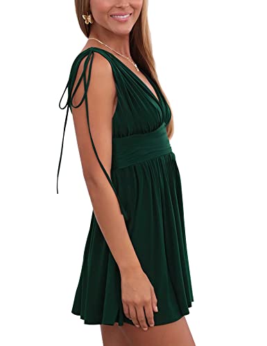 AIMCOO Summer Dress for Women 2023 Plunge V Neck Solid Short Dresses Sleeveless Ruched Waist Sexy V Back Mini Dress Jungle Green