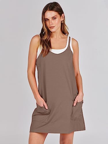 Caracilia Womens Summer Mini Dress 2024 Casual Sleeveless Built in Shapewear Sundress Trendy Short Tennis Athletic Outfits Coffee Large