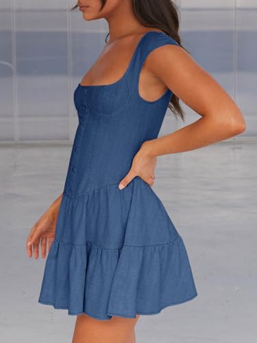 Wenrine Womens Summer Croset Mini Dress Sexy Tiered Square Neck Sleeveless Button Decor Flowy Dresses