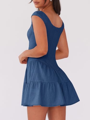 Wenrine Womens Summer Croset Mini Dress Sexy Tiered Square Neck Sleeveless Button Decor Flowy Dresses