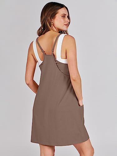 Caracilia Womens Summer Mini Dress 2024 Casual Sleeveless Built in Shapewear Sundress Trendy Short Tennis Athletic Outfits Coffee Large